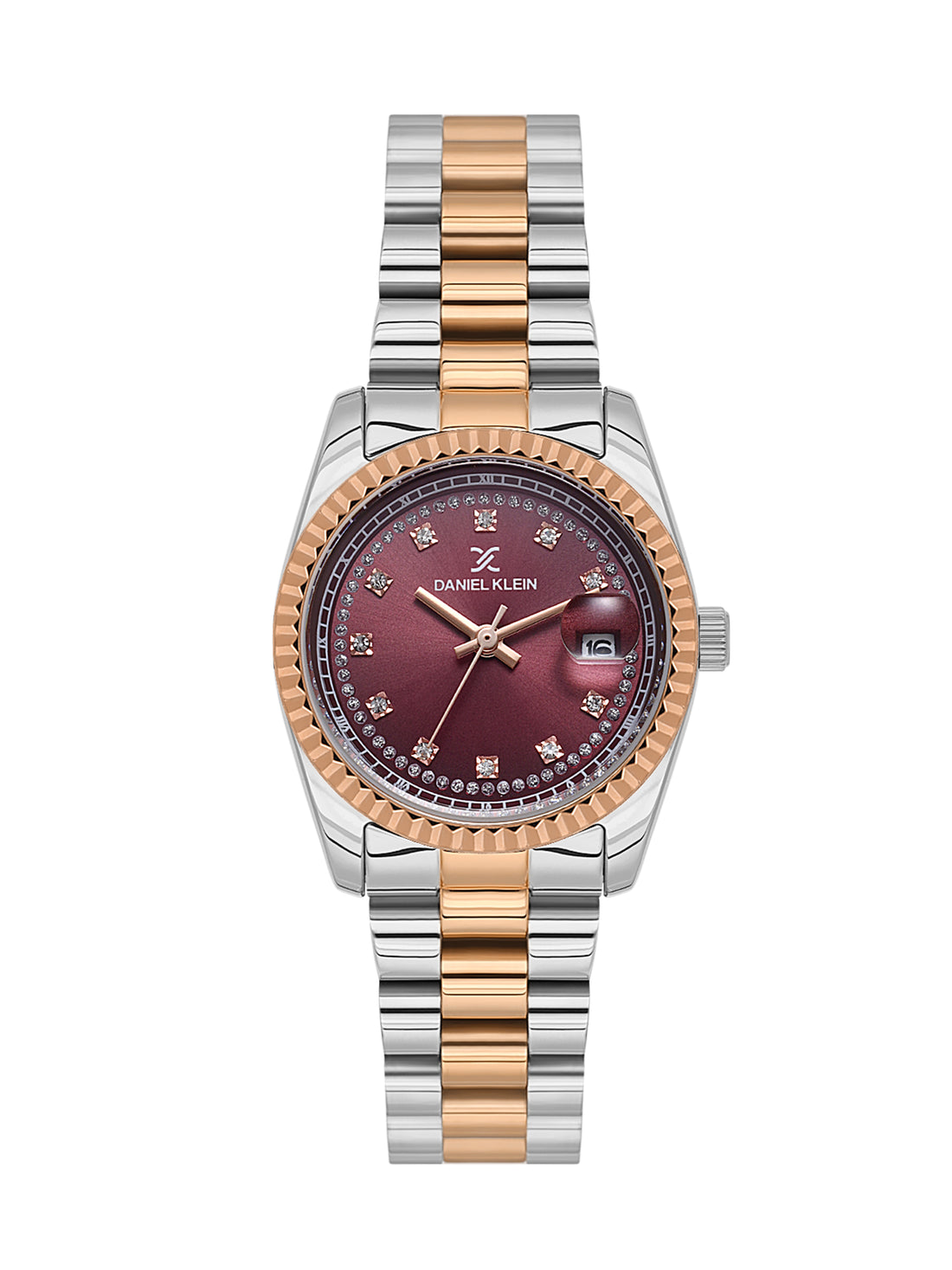Daniel klein Premium Lady IPS/IP Pink R.Gold Red Sunray Dial Stone Stainless Steel Watch DK.1.13924-6