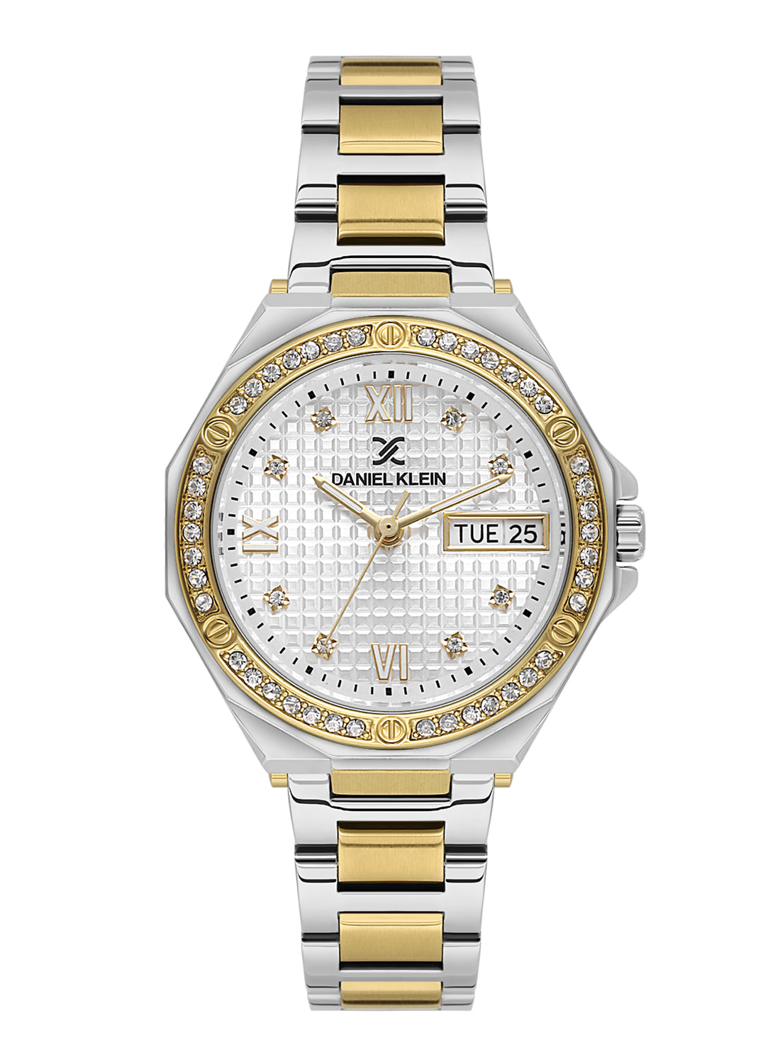 Daniel klein Premium Lady Dual-Tone IPS/IPG Silver Embossed Dial Stone Stainless Steel Watch DK.1.13931-4