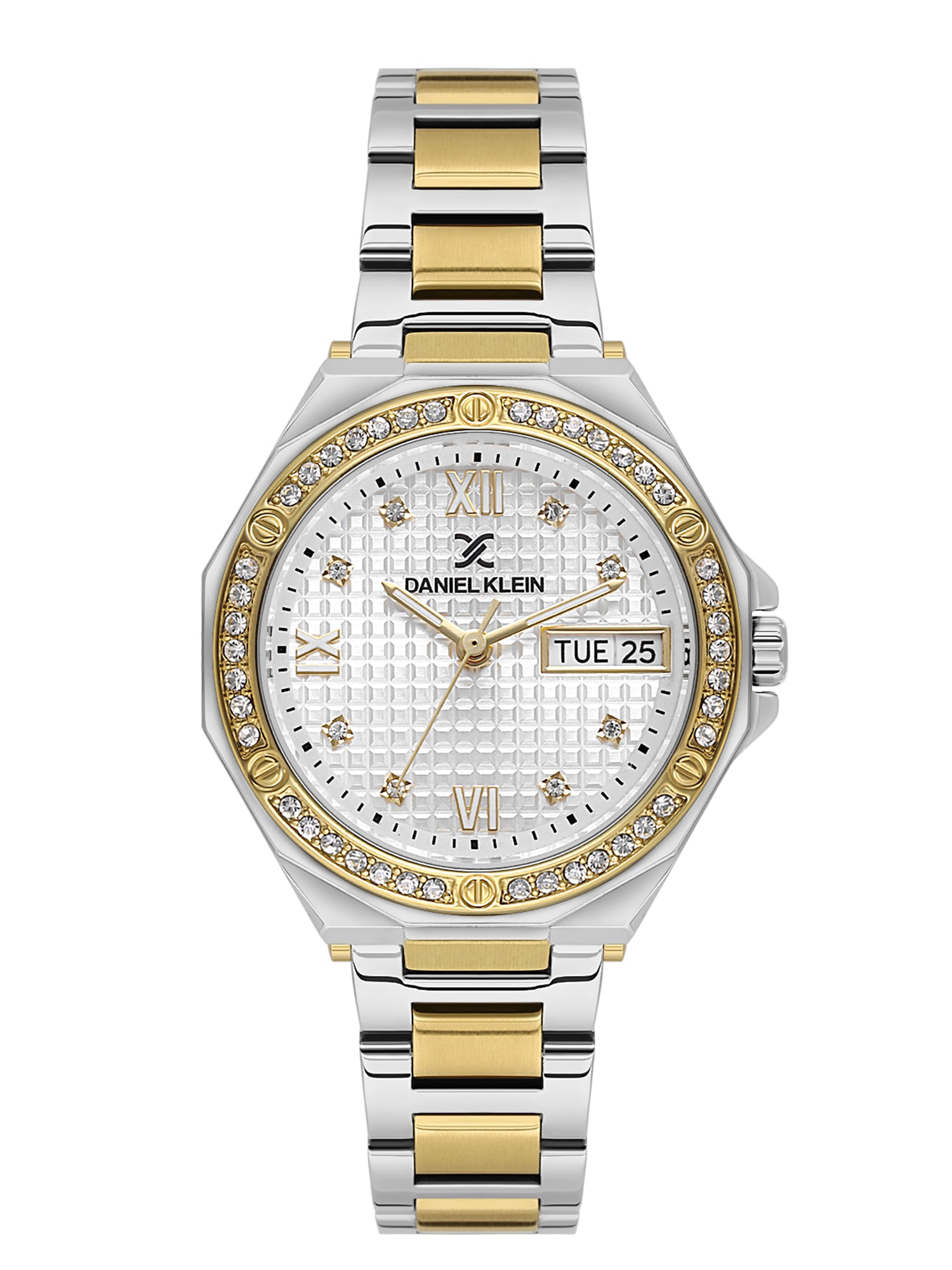 Daniel klein Premium Lady Dual-Tone IPS/IPG Silver Embossed Dial Stone Stainless Steel Watch DK.1.13931-4