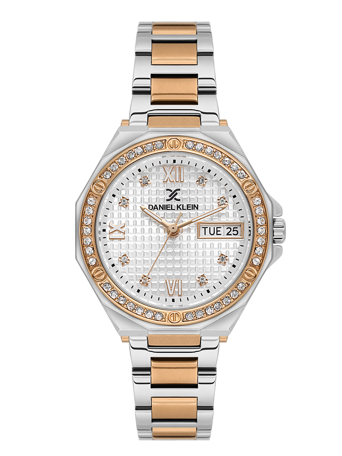 Daniel klein IPS/IP Pink Rose Gold Silver Embossed Dial Stone Watch for Women DK.1.13931-6