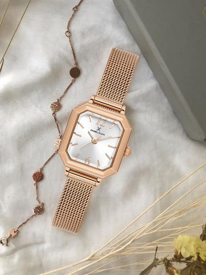 Daniel klein Premium Lady Silver Sunray Dial Rose Gold Mesh Watch DK.1.13945-6
