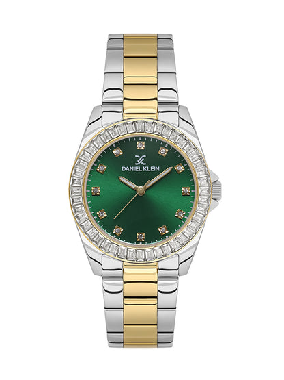 Daniel klein Dual-Tone IPS/IPG Dark Green Sunray Dial Stone Watch for Women DK.1.13950-5