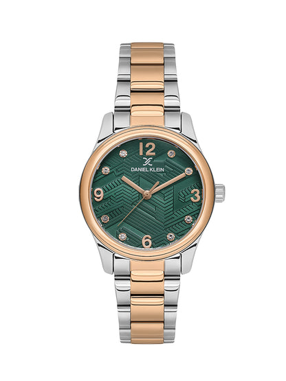 Daniel klein IPS/IP Pink R.Gold Dark Green Embossed Dial Stone Watch for Women DK.1.13953-6