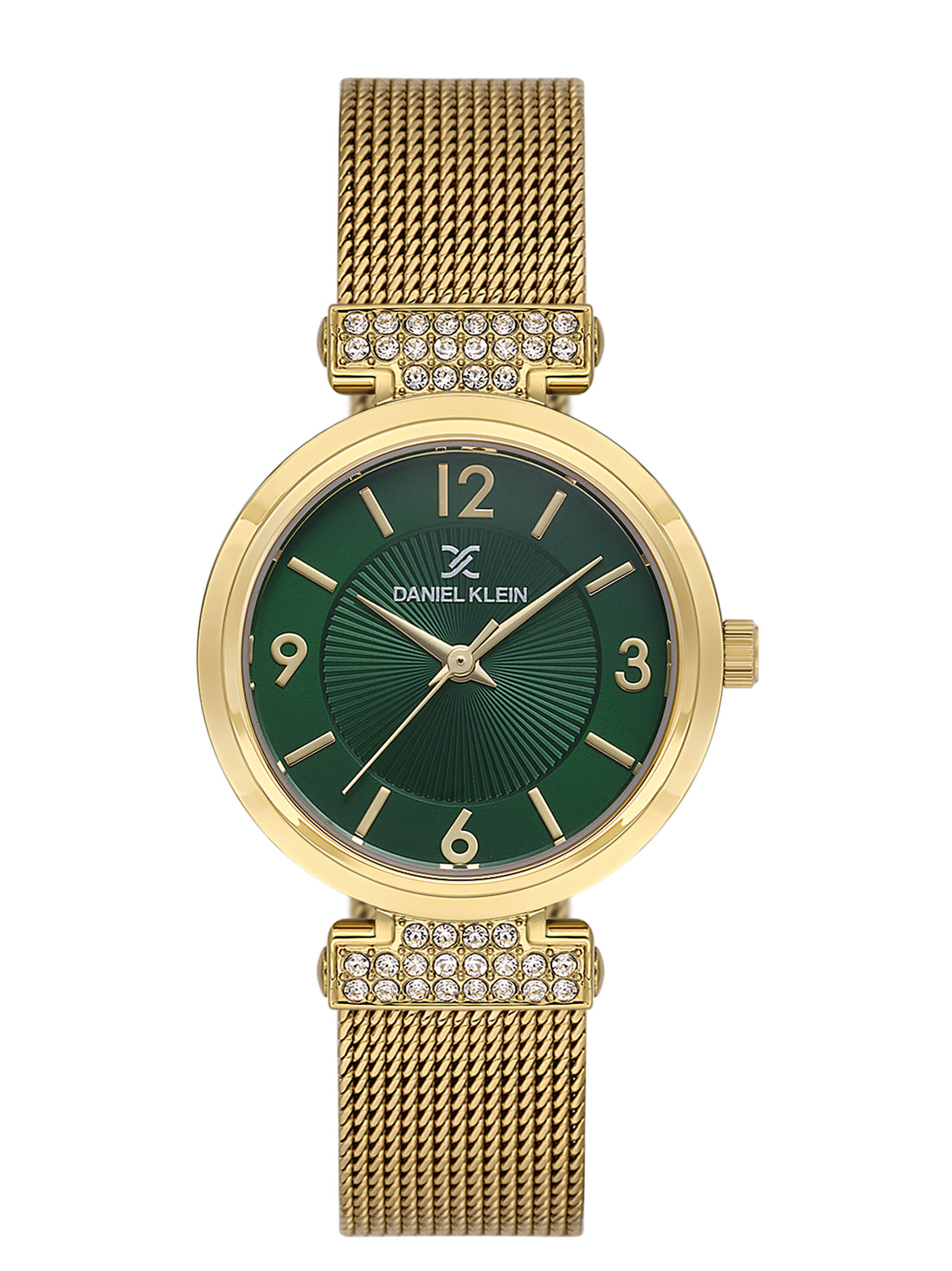 Daniel klein Premium Lady Dark Green Emboss Dial Gold Mesh Watch DK.1.13966-4
