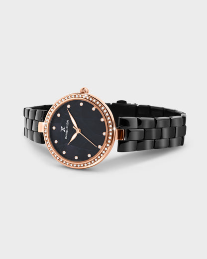 Night Black with Rose Gold Stones Studded Women Premium Watch