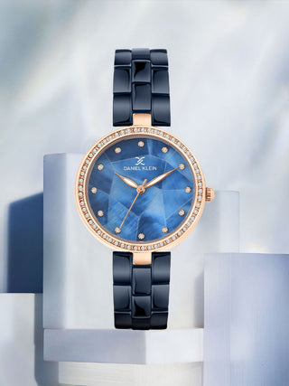 Navy Blue Strap with Rose Gold Stone Studded Women Premium Watch