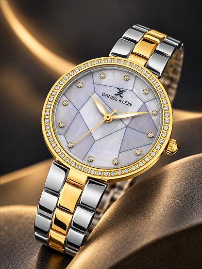 Gold and Silver Strap with Gold Stone Studded Women Premium Watch DK.1.14019-4