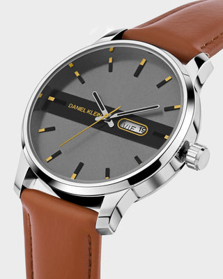 Tan Brown Leather Strap Day Dated Men Watch