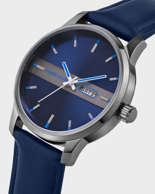 Navy Blue Leather Strap Day Dated Men Watch