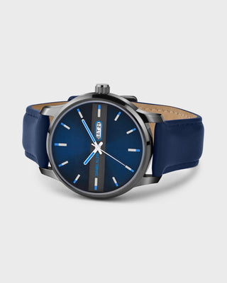 Navy Blue Leather Strap Day Dated Men Watch