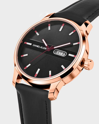 Black Leather Strap Day Dated Men Watch