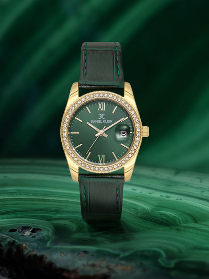 Daniel klein IPG Dark Green Sunray Dial Leather Watch for Women DK.6.14030-4