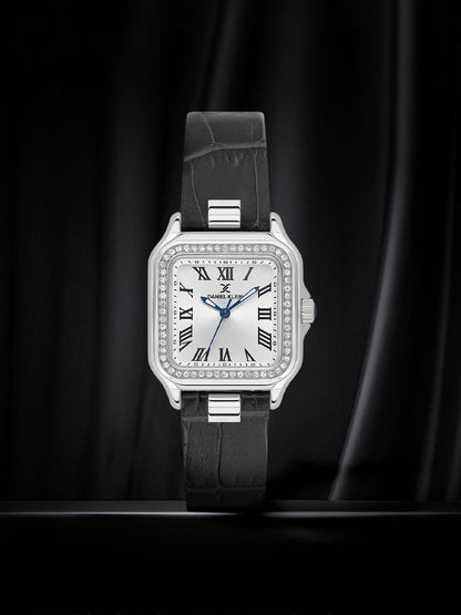 Daniel klein Premium Lady Silver Case Black Leather Strap Sunray Dial Watch DK.1.14039-1