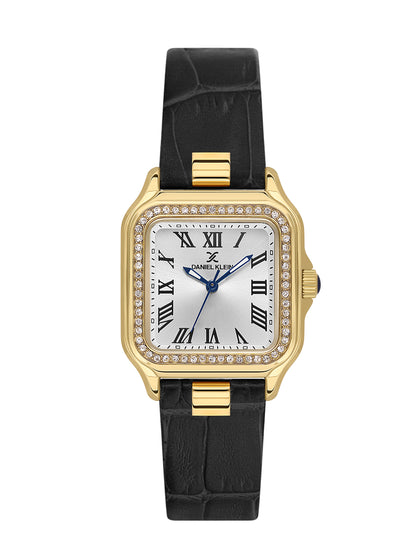 Daniel klein Premium Lady Silver Case Black Leather Strap Sunray Dial Watch DK.1.14039-3