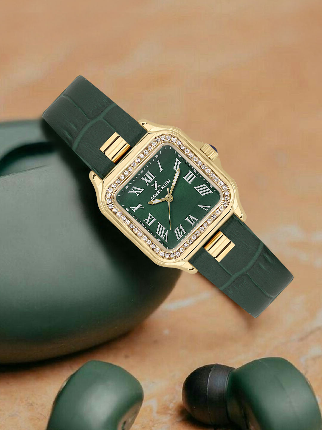 Daniel klein Premium Lady Gold Case Dark Green Leather Strap Sunray Dial Watch DK.1.14039-4