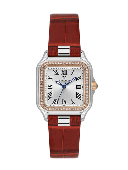 Daniel klein Premium Lady Silver &amp; Rose Gold Case Red Leather Strap Sunray Dial Watch DK.1.14039-5