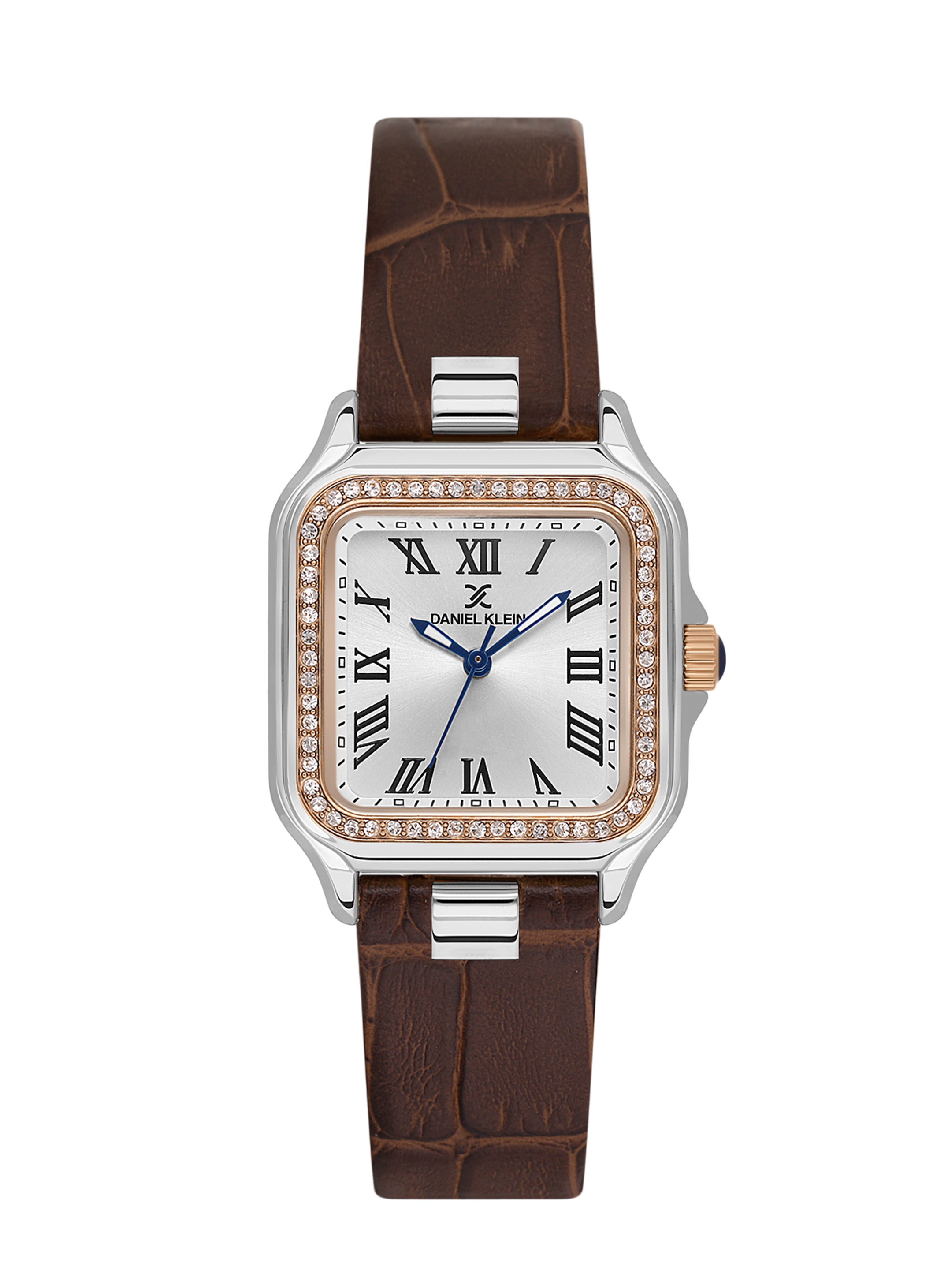 Daniel klein Premium Lady Silver &amp; Rose Gold Case Brown Leather Strap Sunray Dial Watch DK.1.14039-6