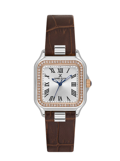 Daniel klein Premium Lady Silver &amp; Rose Gold Case Brown Leather Strap Sunray Dial Watch DK.1.14039-6