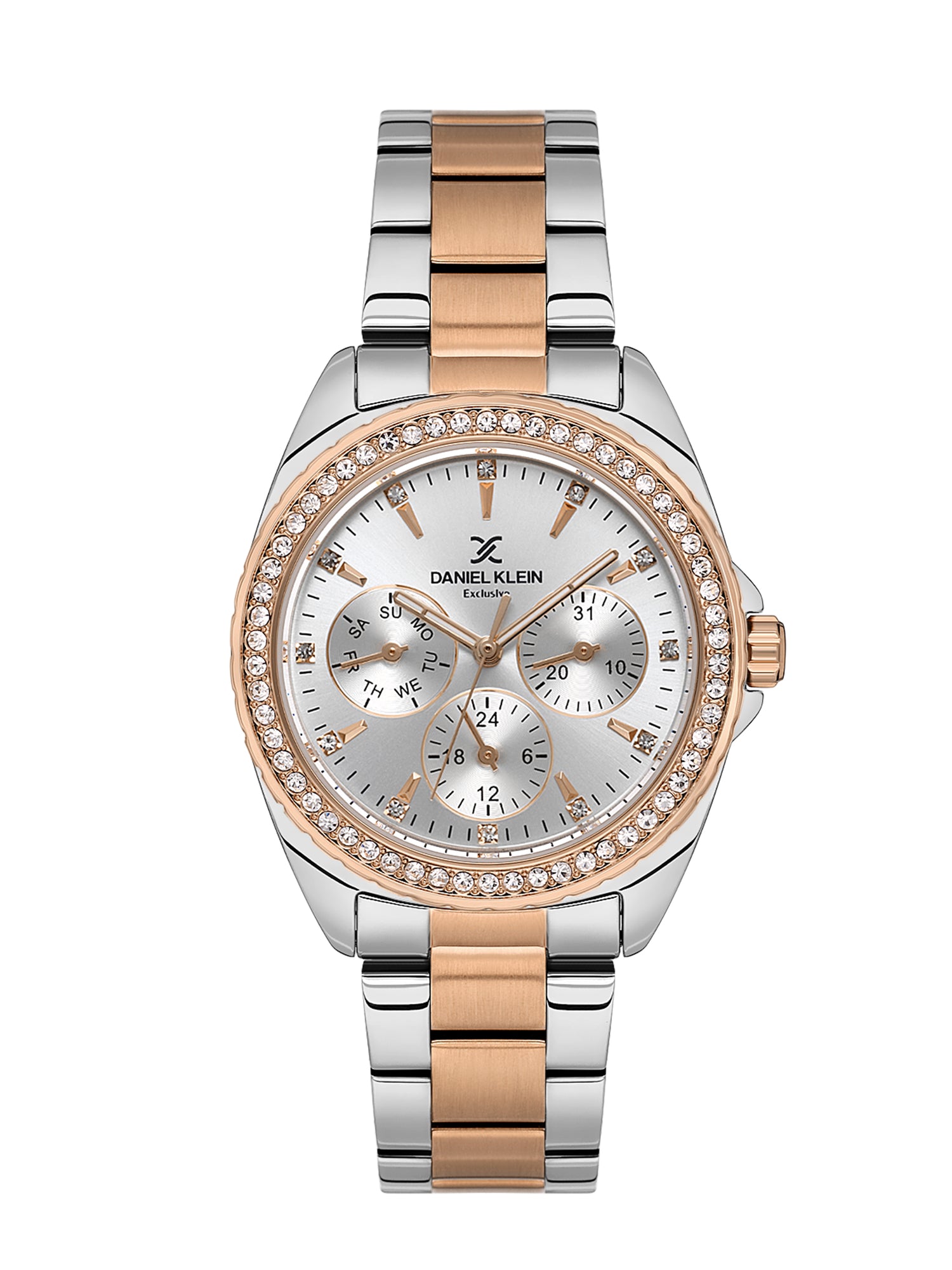 Daniel klein IPS/IP Pink R.Gold Silver Sunray Dial Watch for Women DK.1.14053-6