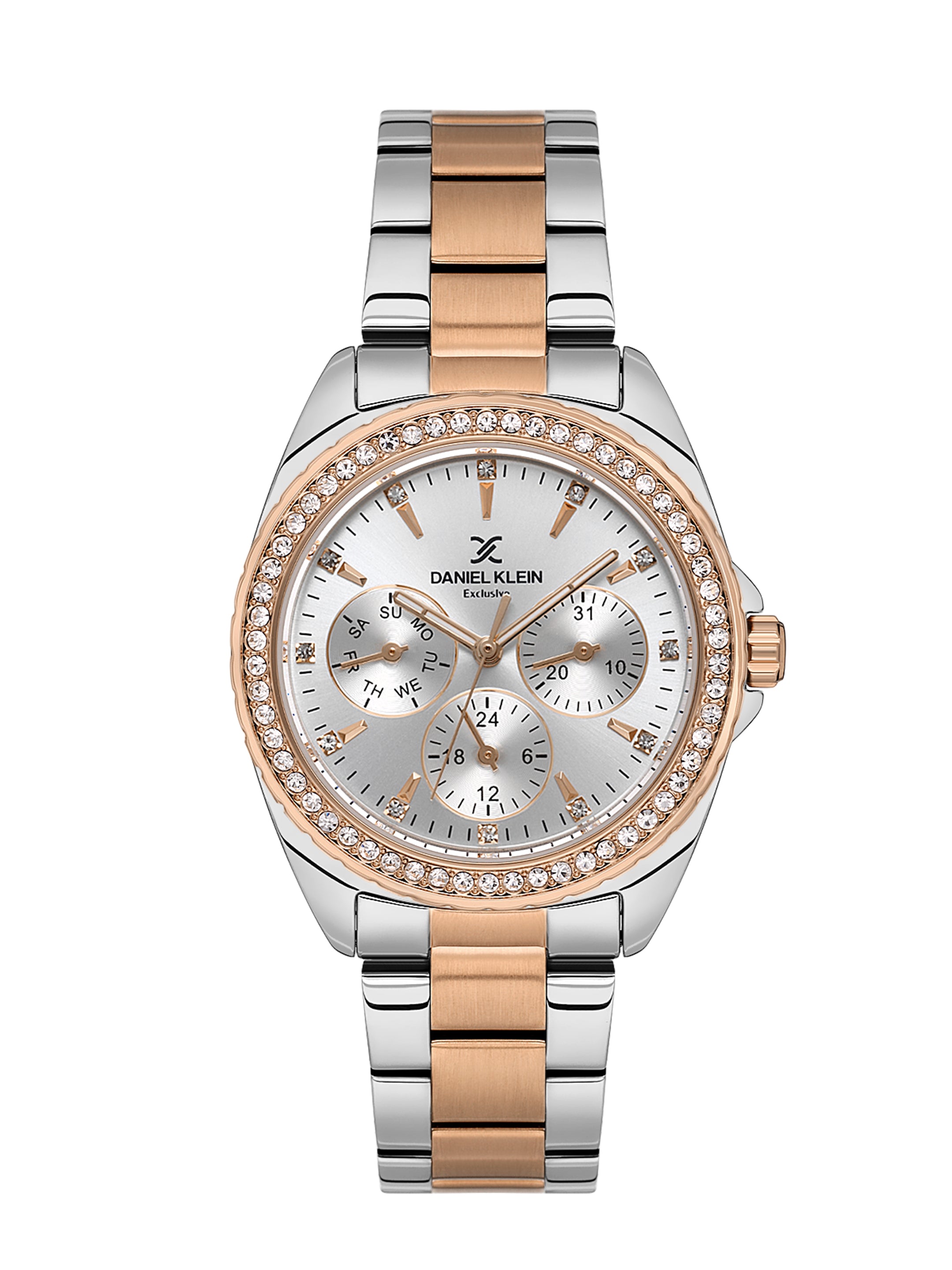 Daniel klein IPS/IP Pink R.Gold Silver Sunray Dial Watch for Women DK.1.14053-6