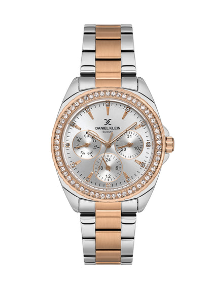 Daniel klein IPS/IP Pink R.Gold Silver Sunray Dial Watch for Women DK.1.14053-6
