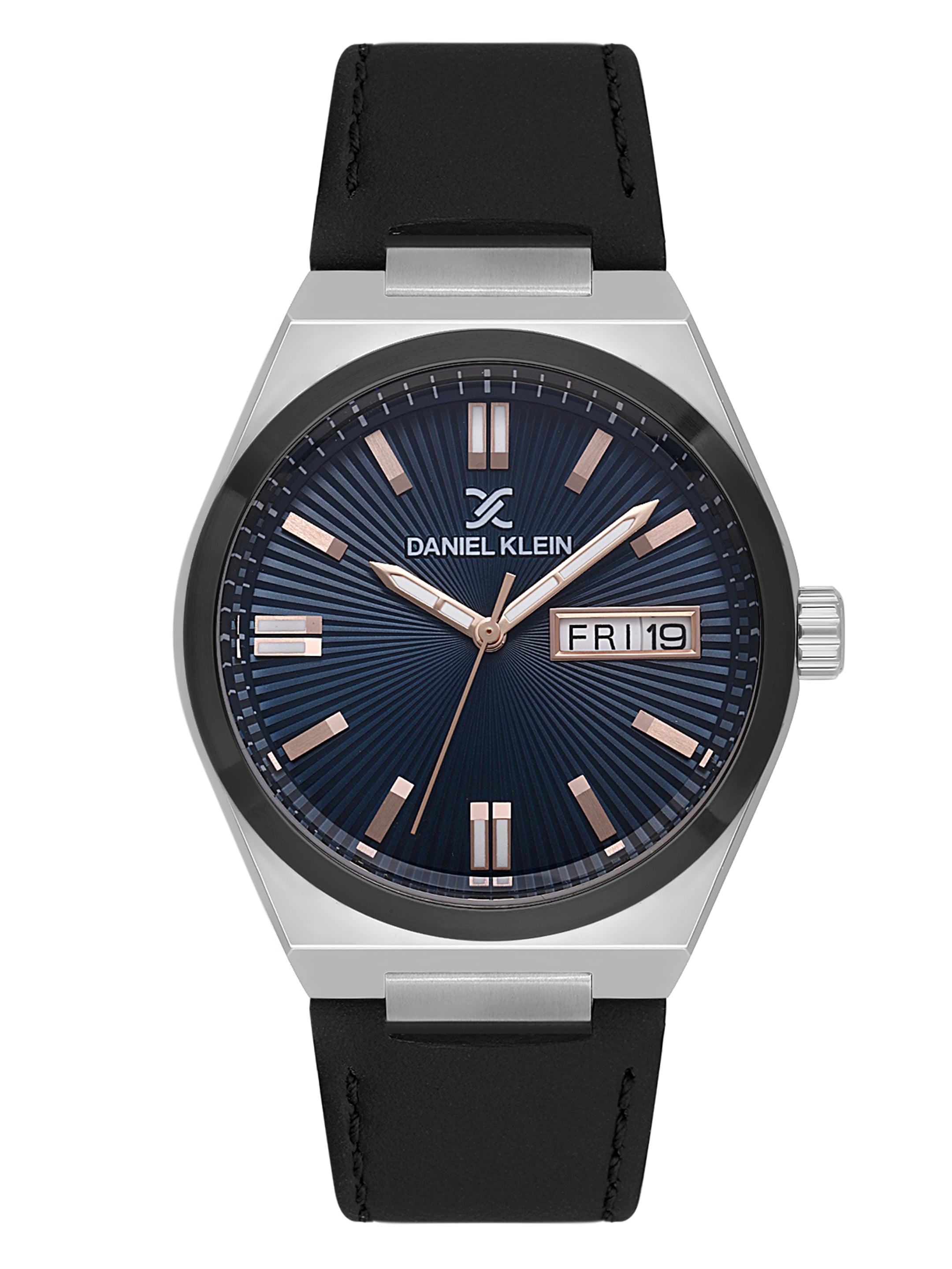 Daniel klein Dual-Tone IPS/IP Black Blue Emboss Dial Leather Watch for Men DK.1.14059-5