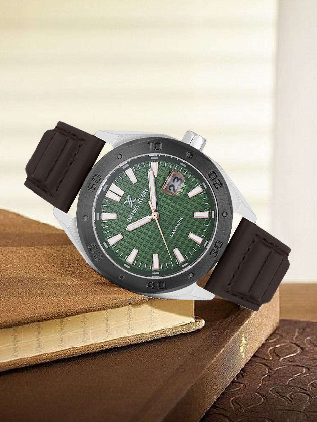 Daniel klein Dual-Tone IPS/IP Black Dark Brown Emboss Dial Leather Watch for Men DK.1.14077-3