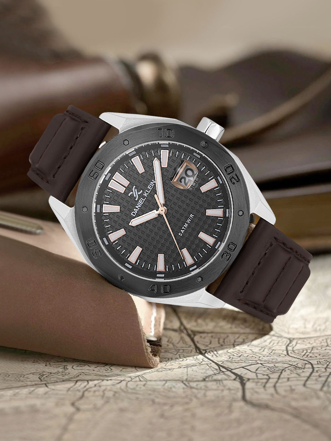 Daniel klein Dual-Tone IPS/IP Black Gun Black Emboss Dial Leather Watch for Men DK.1.14077-4