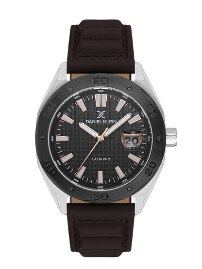 Daniel klein Dual-Tone IPS/IP Black Gun Black Emboss Dial Leather Watch for Men DK.1.14077-4