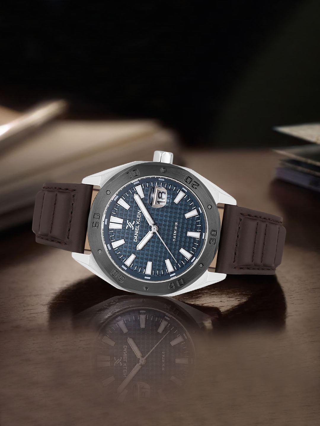 Daniel klein Dual-Tone IPS/IP Black Blue Emboss Dial Leather Watch for Men DK.1.14077-5