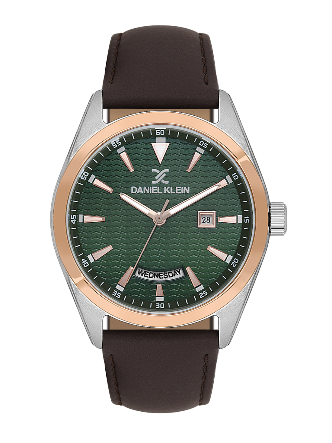 Daniel klein IPS/IP Pink Rose Gold Emboss Dial Green &amp; Brown Leather Watch for Men DK.1.14088-5