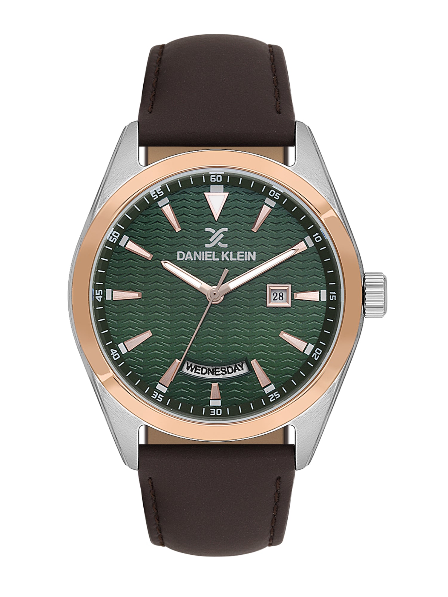 Daniel klein IPS/IP Pink Rose Gold Emboss Dial Green &amp; Brown Leather Watch for Men DK.1.14088-5