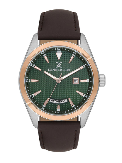 Daniel klein IPS/IP Pink Rose Gold Emboss Dial Green &amp; Brown Leather Watch for Men DK.1.14088-5