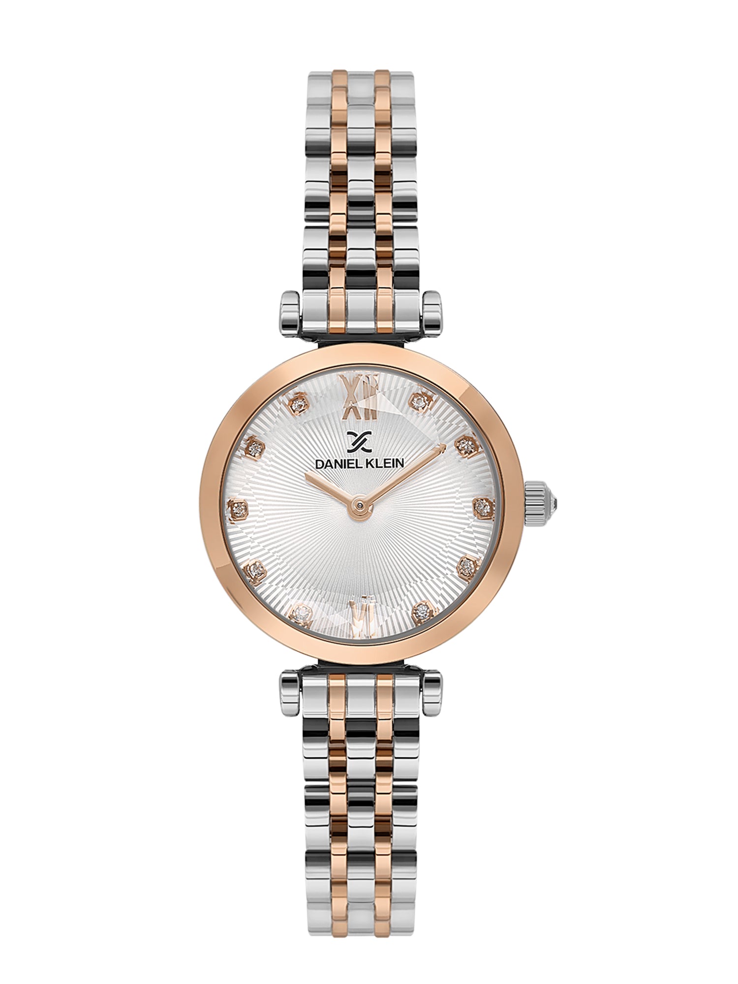 Daniel klein IPS/IP Pink R.Gold Silver Embossed Dial Stone Watch for Women DK.1.14094-5