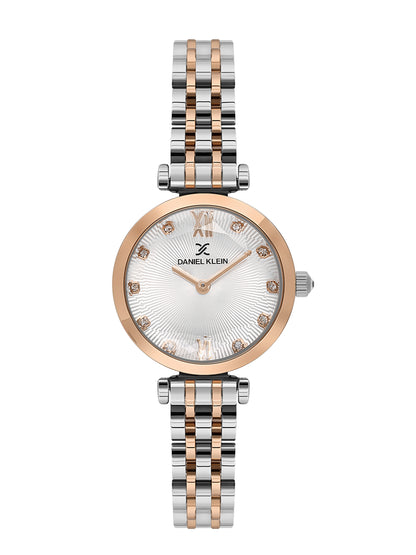 Daniel klein IPS/IP Pink R.Gold Silver Embossed Dial Stone Watch for Women DK.1.14094-5