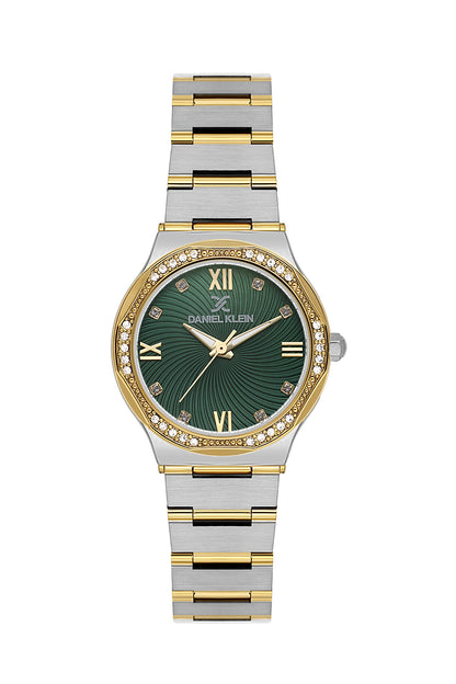 Daniel Klein Dark Green Dial Silver–Gold Strap Women’s Analog Watch DK.1.14101-4