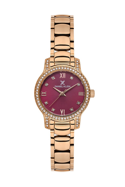 Daniel Klein Dark Red Dial Pink Rose Gold Strap Women’s Analog Watch DK.1.14118-6