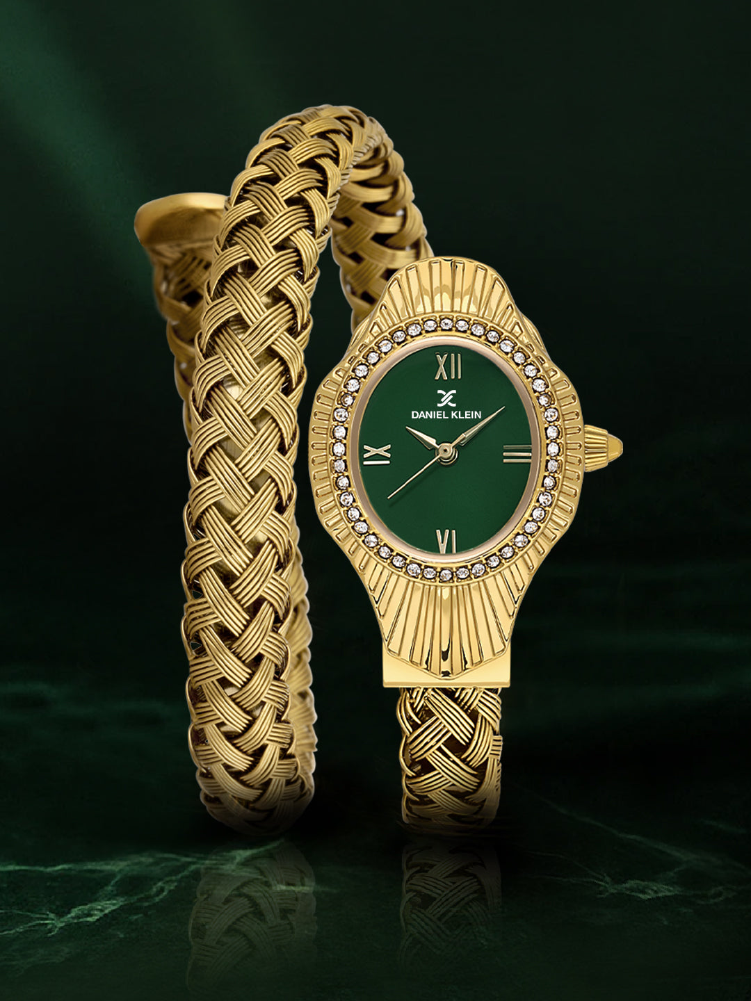 Daniel Klein Dark Green Dial Gold Strap Women’s Analog Watch DK.1.14121-4