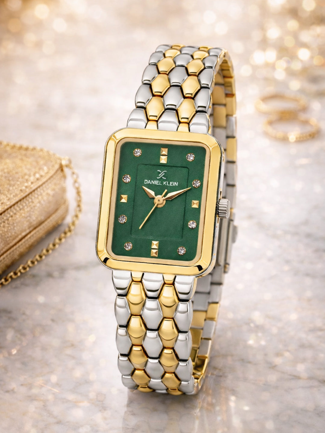 Daniel Klein Analog Dark Green Round Dial Silver and Gold Case Silver and Gold Strap Quartz Water-Resistant Wrist Watch for Women Girls, Ladies DK.1.14158-4