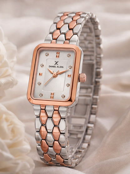 Daniel Klein Analog Silver Round Dial Silver and Rose Gold Case Silver and Rose Gold Strap Quartz Water-Resistant Wrist Watch for Women Girls, Ladies DK.1.14158-6