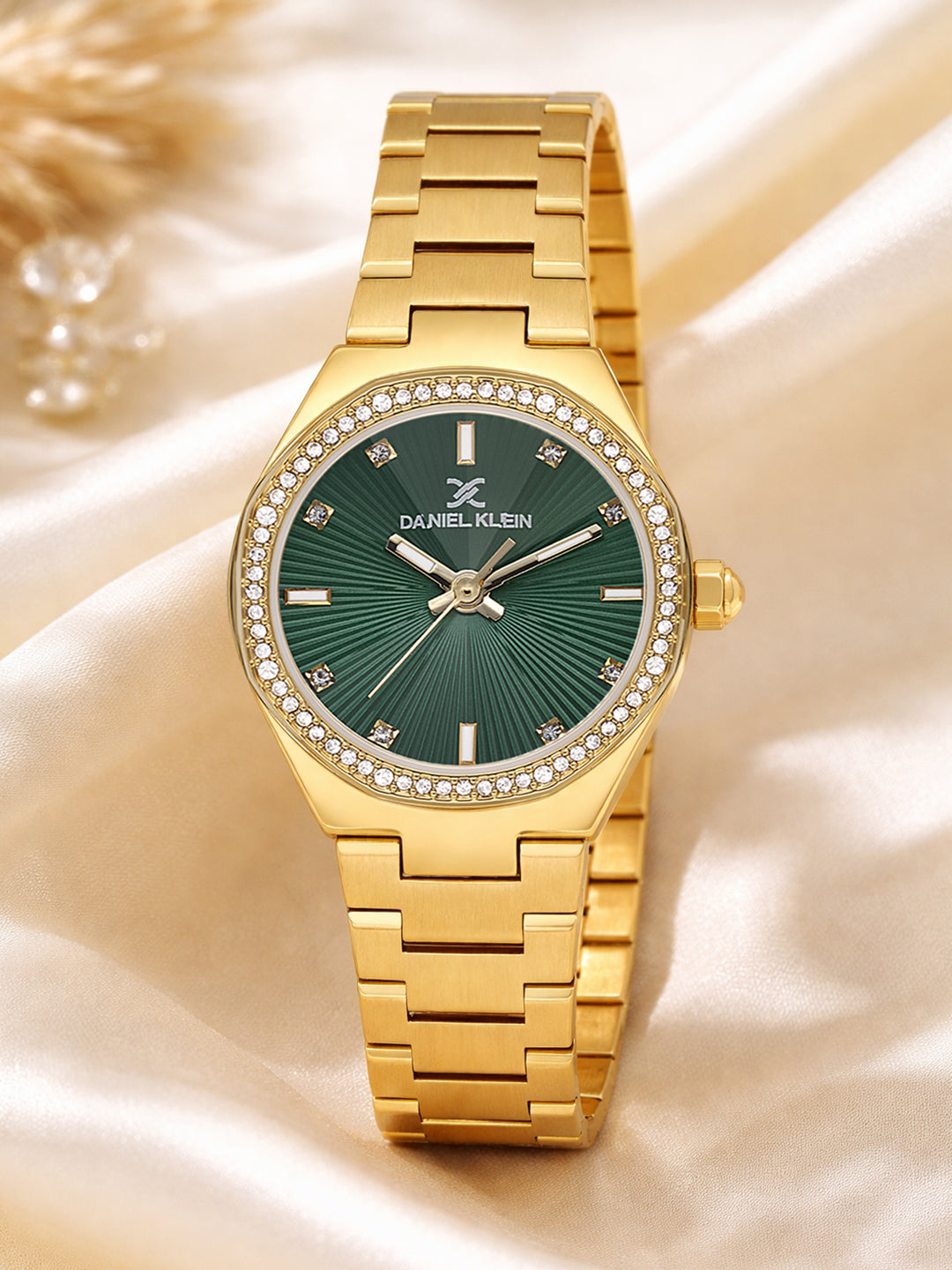 Daniel Klein Analog Dark Green Round Dial Gold Case Gold Strap Quartz Water-Resistant Wrist Watch for Women Girls, Ladies DK.1.14162-4