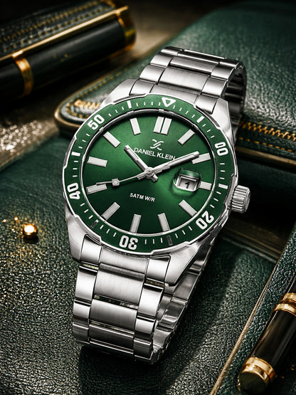Daniel Klein Analog Dark Green Round Dial Silver Case Silver Strap Quartz Water-Resistant Wrist Watch for Men Boys DK.1.14195-3