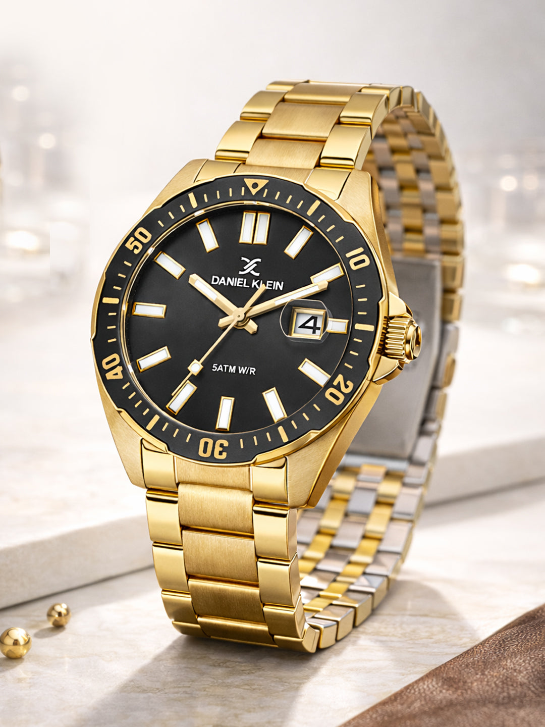 Daniel Klein Analog Black Round Dial Gold Case Gold Strap Quartz Water-Resistant Wrist Watch for Men Boys DK.1.14195-5
