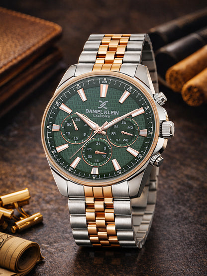 Daniel Klein Analog Dark Green Round Dial Silver and Rose Gold Case Silver and Rose Gold Strap Quartz Water-Resistant Wrist Watch for Men Boys DK.1.14240-4