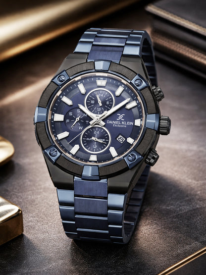Daniel Klein Analog Blue Round Dial Black Case Blue Strap Quartz Water-Resistant Wrist Watch for Men Boys DK.1.14242-5
