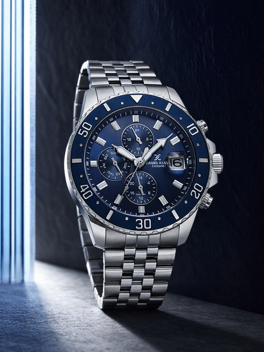 Daniel Klein Analog Dark Blue Round Dial Silver Case Silver Strap Quartz Water-Resistant Wrist Watch for Men Boys DK.1.14243-3