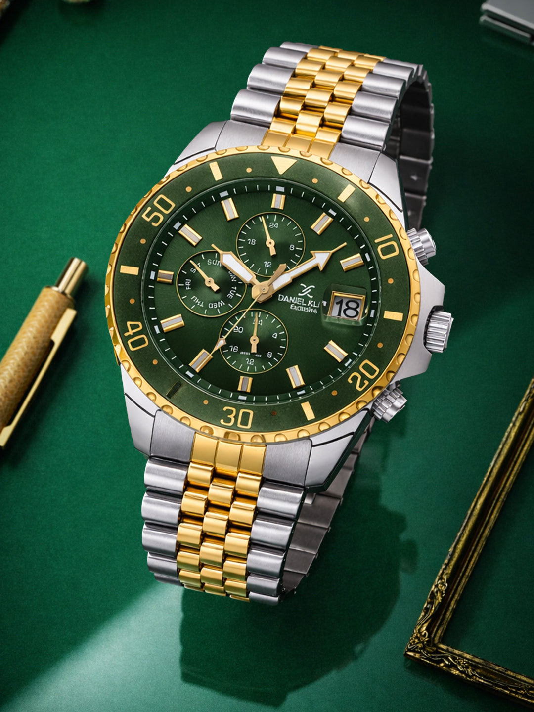 Daniel Klein Analog Dark Green Round Dial Silver and Gold Case Silver and Gold Strap Quartz Water-Resistant Wrist Watch for Men Boys DK.1.14243-4