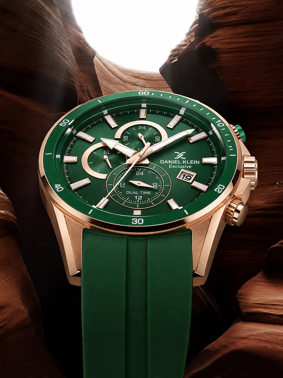 Daniel Klein Analog Dark Green Round Dial Pink Rose Gold Case Dark Green Strap Quartz Water-Resistant Wrist Watch for Men Boys DK.1.14246-6