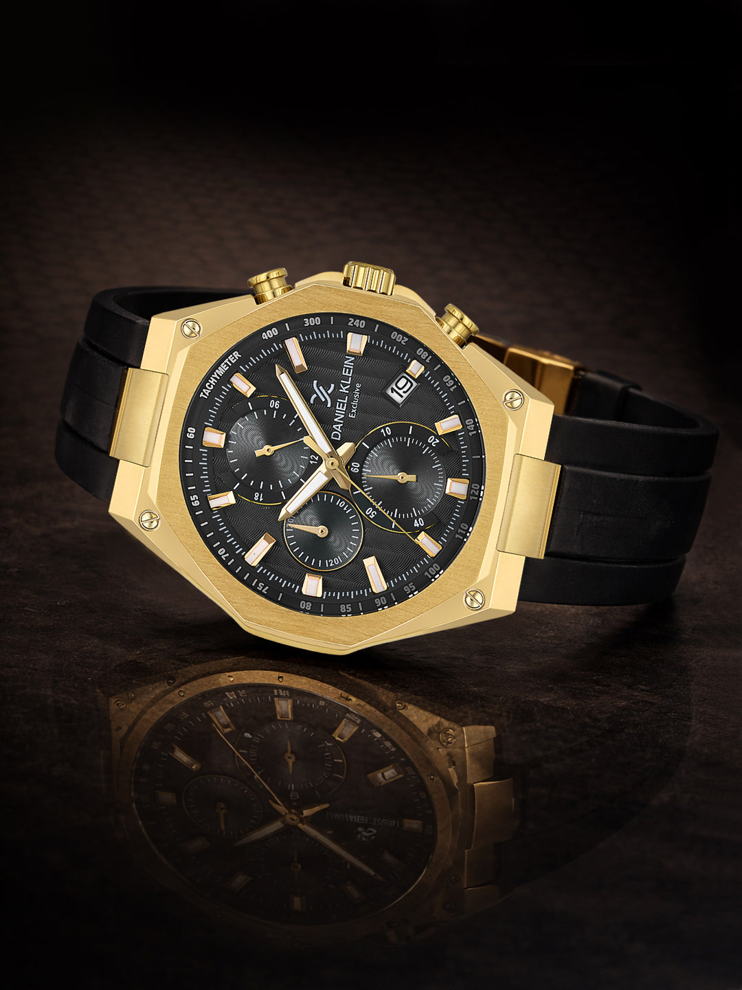 Daniel Klein Analog Black Round Dial Gold Case Black Strap Quartz Water-Resistant Wrist Watch for Men Boys DK.1.14258-5