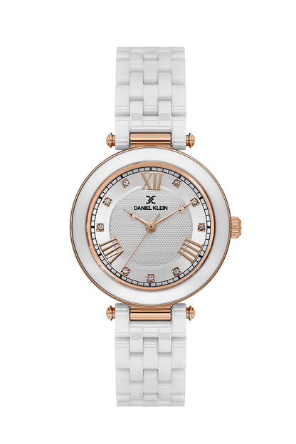 Daniel Klein Silver Dial White Strap Women’s Analog Watch DK.1.14282-1
